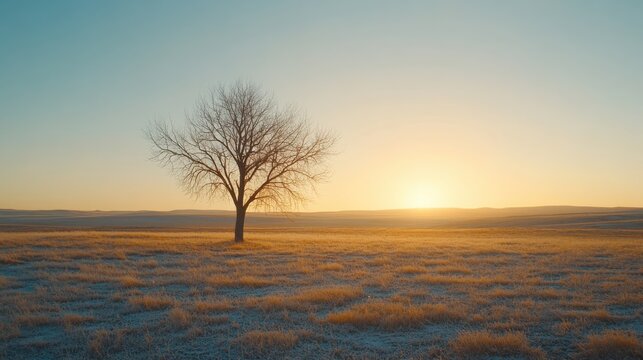 A cinematic wide-angle shot of a solitary tree standing in an expansive open field, surrounded by golden light reflecting off the frosty ground, under a serene and clear dawn sky
