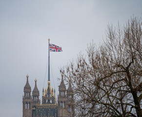 Westminster, walking on streets with old houses in spring, city life, government and parliament district in London, UK