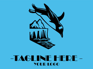 Black penguin diving into water near a large rock, suitable for marine life or naturethemed designs, emphasizing gracefulness in movement