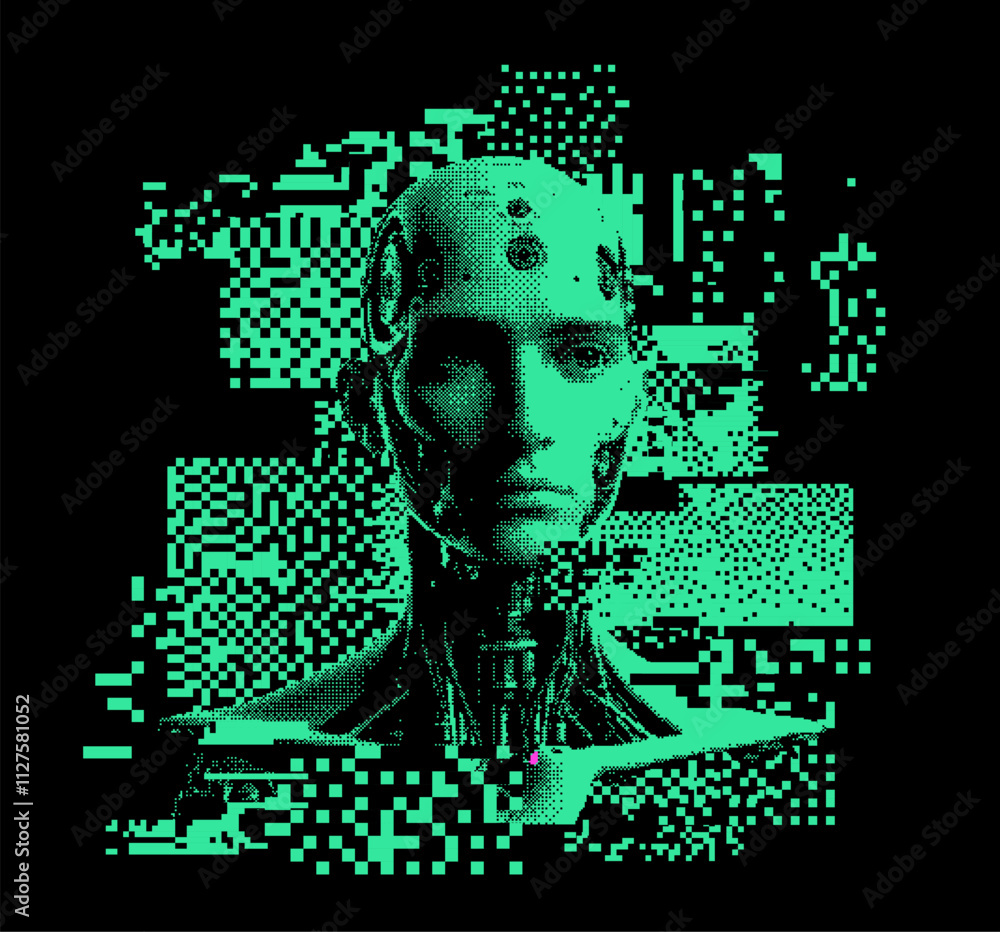 Aufkleber Humanoid robot on a glitchy background with pixel artifacts.