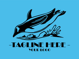 Black penguin diving into water near a large rock, suitable for marine life or naturethemed designs, emphasizing gracefulness in movement
