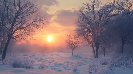 A serene winter landscape at sunset, with snow-covered ground and bare trees.