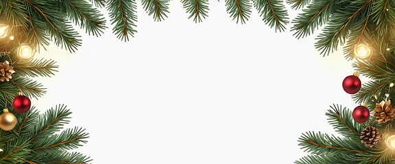 Seamless Christmas Border: Lights Garland and Coniferous Branches