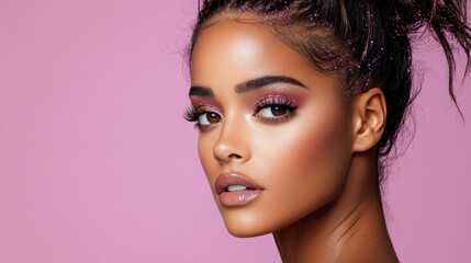Fototapeta premium A striking portrait of an elegant woman featuring glitter makeup against a pastel pink background, emphasizing beauty, confidence, and modern femininity.