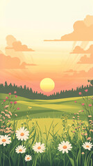 Obraz premium Serene Sunset Over a Tranquil Meadow with Vibrant Wildflowers for Inspiring Home Decor