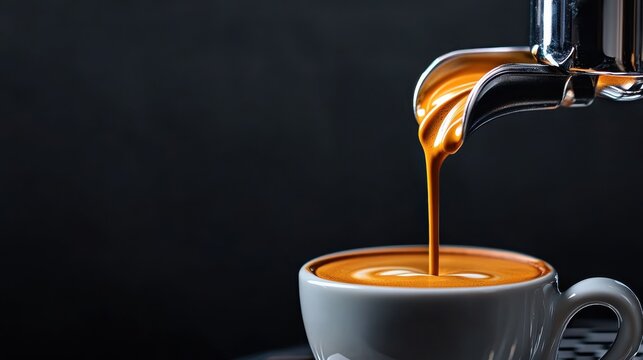 Close-up shot of rich, golden espresso streaming perfectly into a pristine white cup, capturing the essence of coffee brewing expertise and pure satisfaction.
