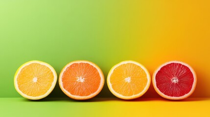 Four vibrant citrus fruit halves, each a different color, are aligned on a gradient green...