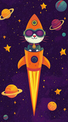 Whimsical Flat Vector of a Cat in Goggles Zooming in a Carrot Rocket Through Starry Space for Fun Wall Art