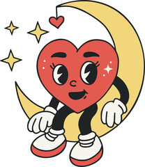 A vibrant cartoon heart love mascot character on a moon Valentine cute funnysmile face in a retro style. Vector illustration for Valentines day. 
