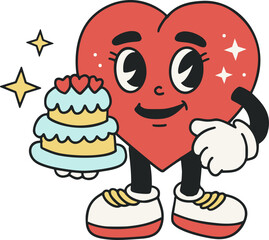 A vibrant cartoon heart love mascot character with birthday cake Valentine cute funnysmile face in a retro style. Vector illustration for Valentines day. 