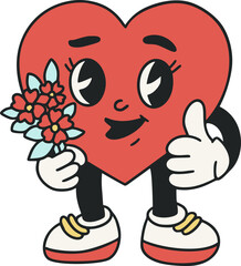 A vibrant cartoon heart love mascot character with flower bouquet, Valentine cute funnysmile face in a retro style. Vector illustration for Valentines day. 