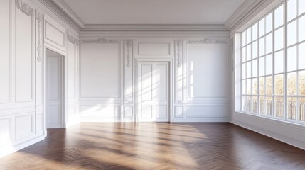 Obraz premium Sophisticated Three-Dimensional Space Featuring Classic White Wall Panels and Elegant Wooden Flooring