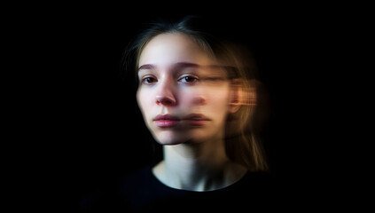 Fototapeta premium Woman, mental health or depression with blur face in studio for identity crisis, psychotic disorder or bipolar. Psychology, female person or distorted with trauma or schizophrenia on black background