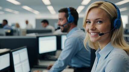 Dressed in blue, a smiling blonde woman works as a call center operator, communicating with clients in a busy workspace.