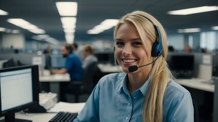 A young blonde woman in a blue outfit, wearing a headset, assists customers with a warm smile in a dynamic office call center environment.