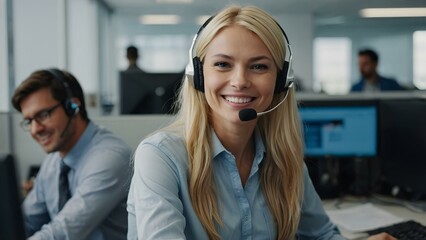 Wearing a headset, a blonde woman in blue actively engages in customer support and communication in a fast-moving office.