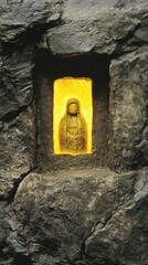 A glowing statue of a hooded figure is set within a stone alcove, AI