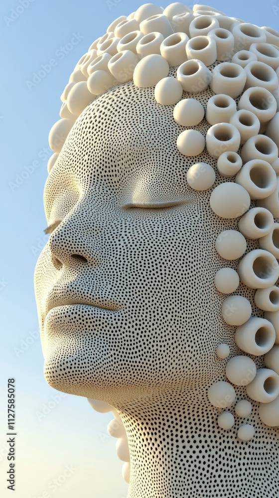 Aufkleber abstract sculpture of a serene face with intricate textures and circular patterns, ai