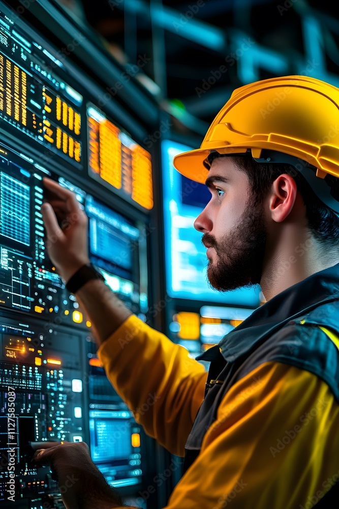 Poster a worker in a hard hat interacts with a control panel in an industrial setting.