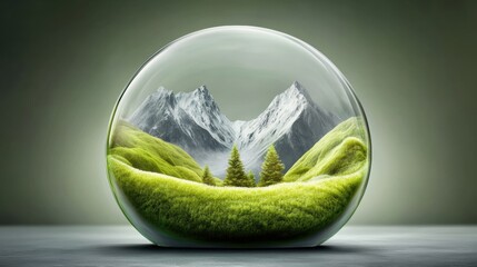 A miniature mountain landscape encased in a glass sphere, AI