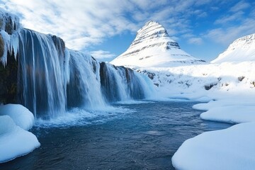 Stunning Kirkjufellsfoss Waterfall Framed by Majestic Mountains in Iceland's Winter Wonderland