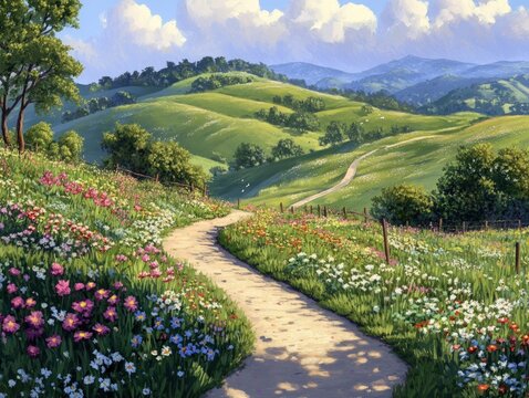 Path, wildflowers, rolling green hills, sunny day.
