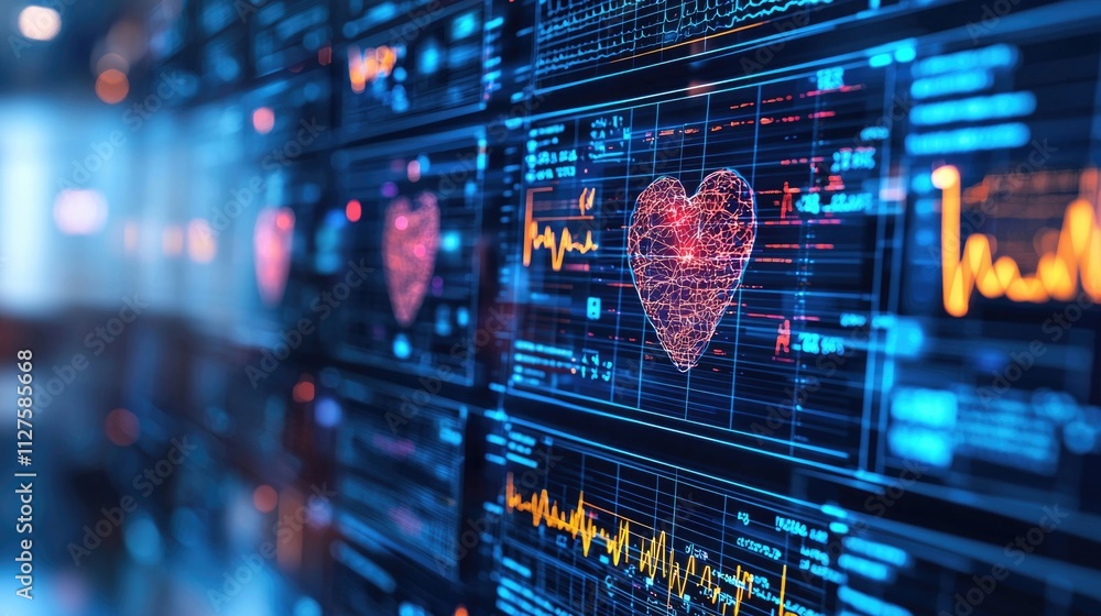 Aufkleber digital heartbeat visualization on futuristic medical display with circuit-like graphics and vibrant