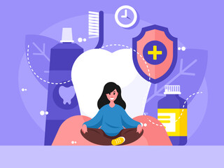 Healthy teeth concept. Woman in lotus position relaxing. Healthy lifestyle. Oral hygiene background. Caries treatment. Vector graphics
