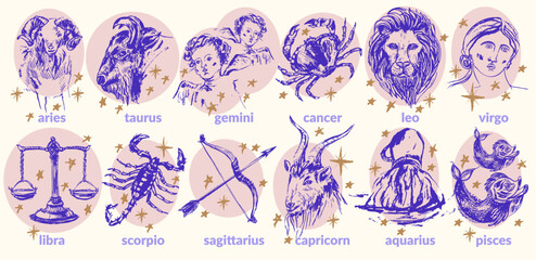 Hand drawn zodiac signs illustration set. Horoscope background with astrology symbols