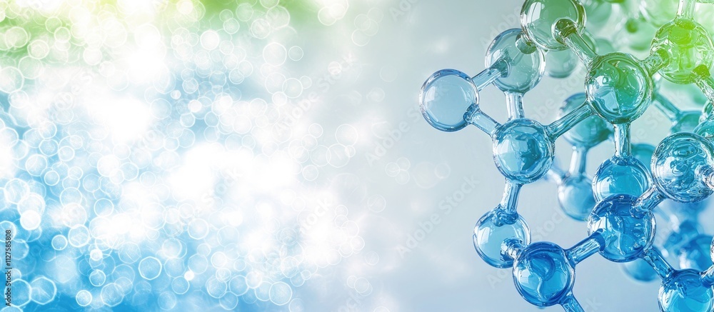 Poster molecular structure scientific background with abstract bokeh effect in blue and green tones ideal f