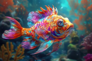Fototapeta premium Stunning 3D Depiction of a Vibrant Fish Swimming Gracefully in an Underwater Coral Wonderland