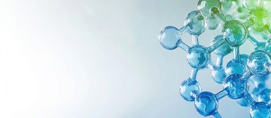 Molecular structure abstract concept in blue and green tones depicting scientific innovation and biotechnology themes with 3D style suitable for educational, medical, and technology design, space for 