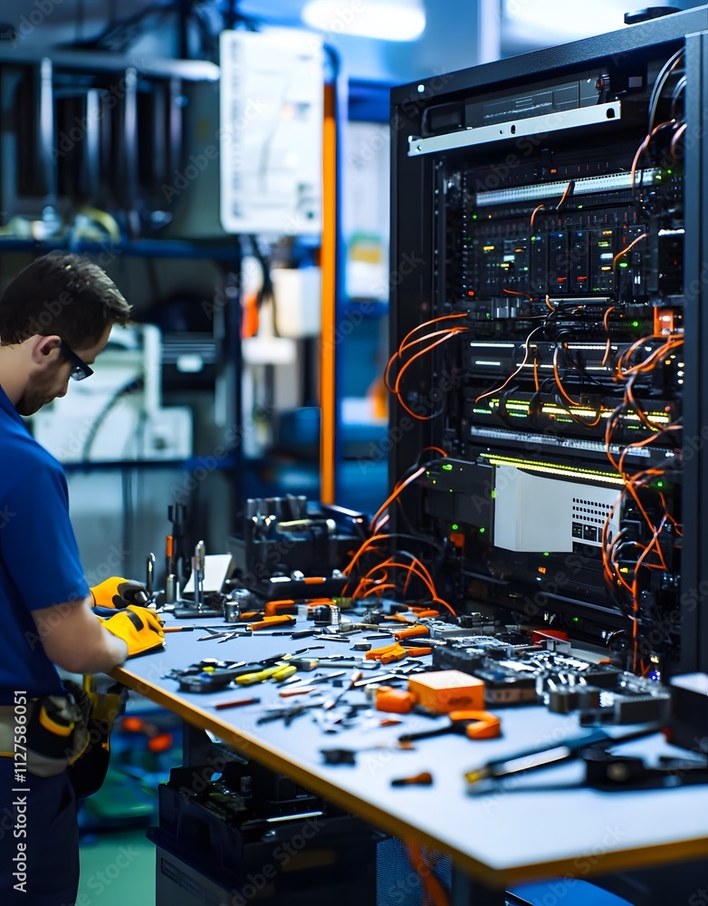 Poster a technician works on a server rack surrounded by tools in a tech environment.