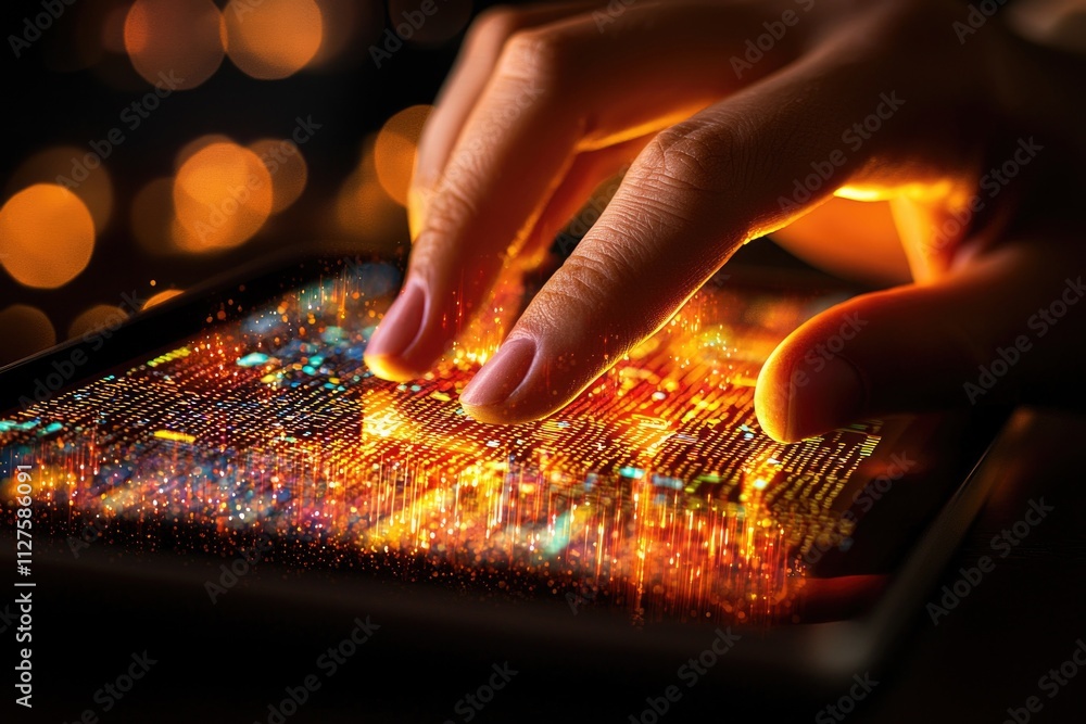 Poster digital technology interaction close-up of hand touching glowing tablet screen illuminated by vibran