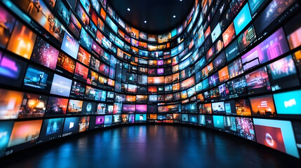 Digital Media Revolution with Massive Curved Wall of Screens in Dark Room 