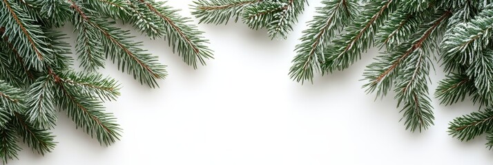 Obraz premium Festive Christmas Pine Arrangement, Minimalist Green and Neutral Palette on White Surface for Holiday Cards or Decor