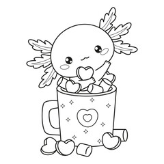 Outline Romantic Christmas Axolotl in cup Hot Cocoa with Marshmallows. Little festive cartoon kawaii character. Line drawing, coloring book. Vector illustration. Kids collection