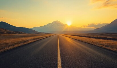 Fototapeta premium A long road with a mountain in the background and the sun setting