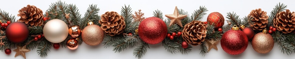 Christmas Decorations, Ribbon Banner with Baubles, Pine Cones, and Lights, on Holly Background, for Festive Designs