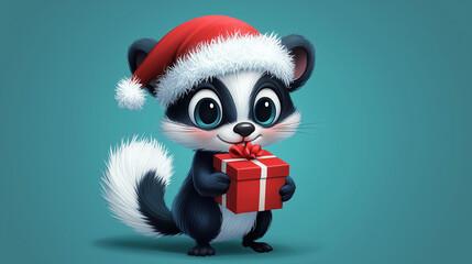  Cartoon Skunk with Gift in Santa Hat for Holiday Cards