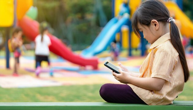 Little Girl on Playground Using Smartphone 