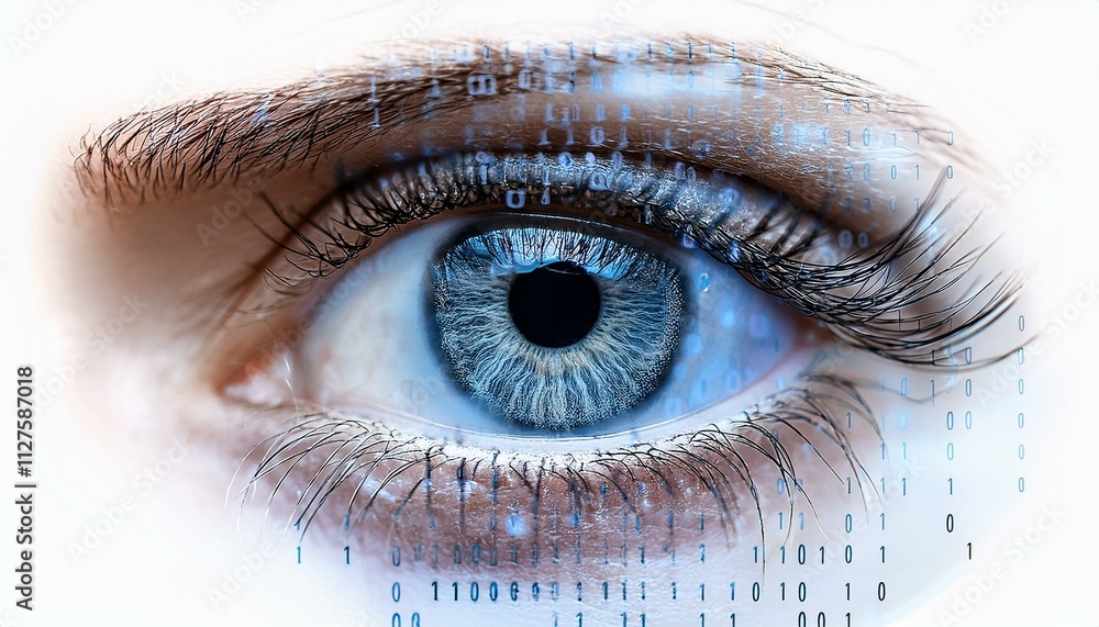 Poster digital eye: close-up of a mesmerizing blue eye overlaid with a futuristic binary code, symbolizing 
