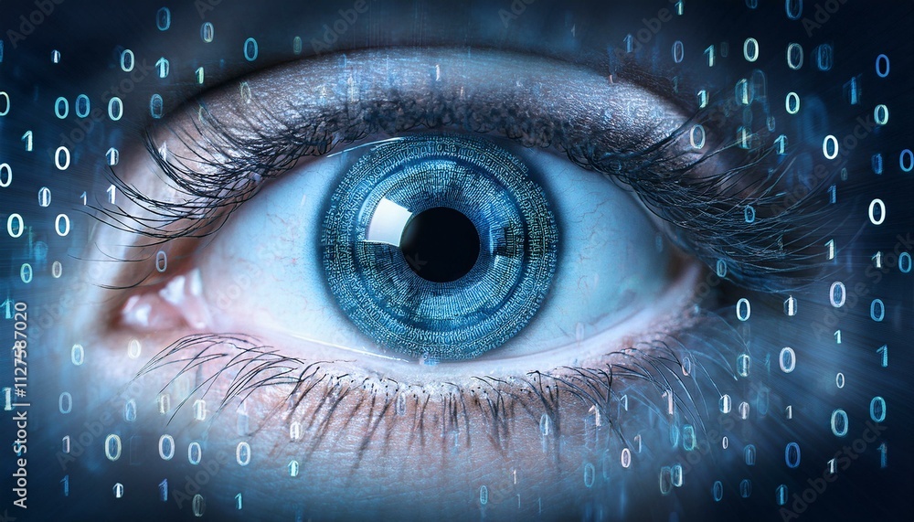 Poster digital eye: close-up of a human eye overlaid with binary code, symbolizing digital vision, technolo