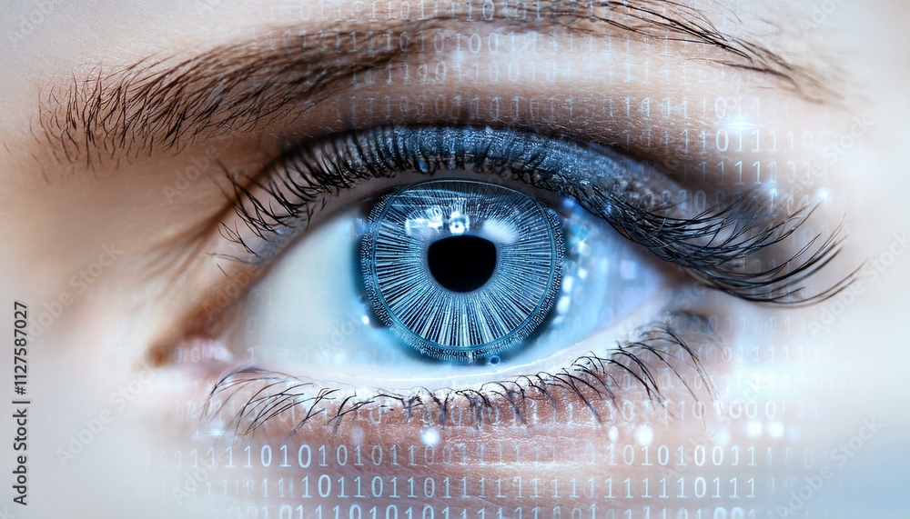 Poster the digital gaze: a close-up of a captivating blue eye, overlaid with a mesmerizing pattern of binar