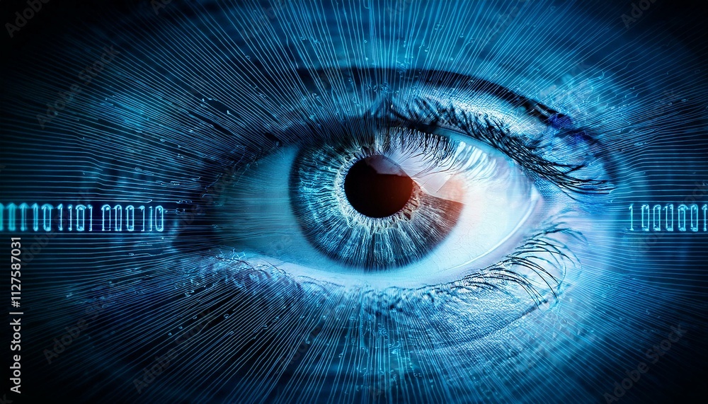 Poster digital eye: a captivating abstract image of a blue eye surrounded by binary code and radiating line