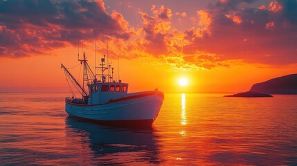 Fototapeta premium A fishing boat at sunset, reflecting vibrant colors on calm waters.