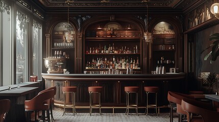 Obraz premium Elegant bar interior with wooden accents and a variety of spirits on display.