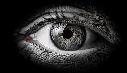 Obraz premium The Gaze of Mystery: A single human eye, captured in stark black and white, peers out from the darkness, inviting contemplation and intrigue.