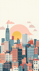 Obraz premium Stylish Flat Vector Cityscape with Blocky Buildings and a Rising Minimalist Sun for Trendy Artwork