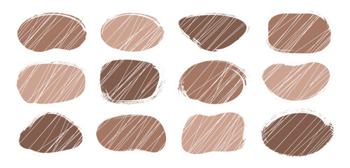 Brush edge shape icon, mocha mousse paint texture, organic dirty blob, grunge stain, crayon stroke spot, line sketch form isolated on white background. Trendy colour 2025 year. Vector illustration
